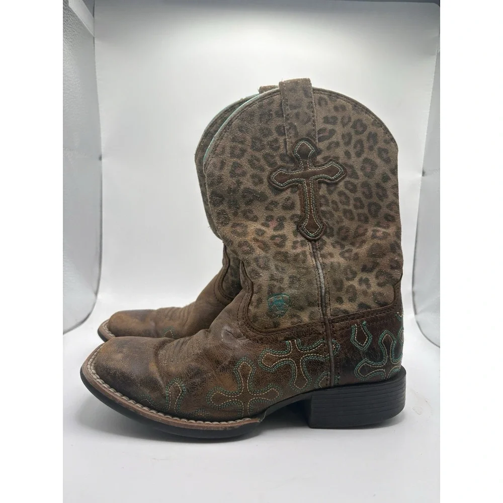 Ariat Crossroads Youth Size 12 Cowgirl Boots Leather Leopard Cheetah Cross